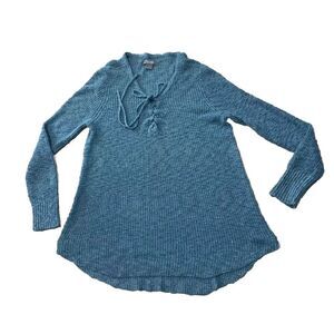 Natural Reflections Knit Sweater Women XL Teal Lace-Up Collar V Coastal Preppy